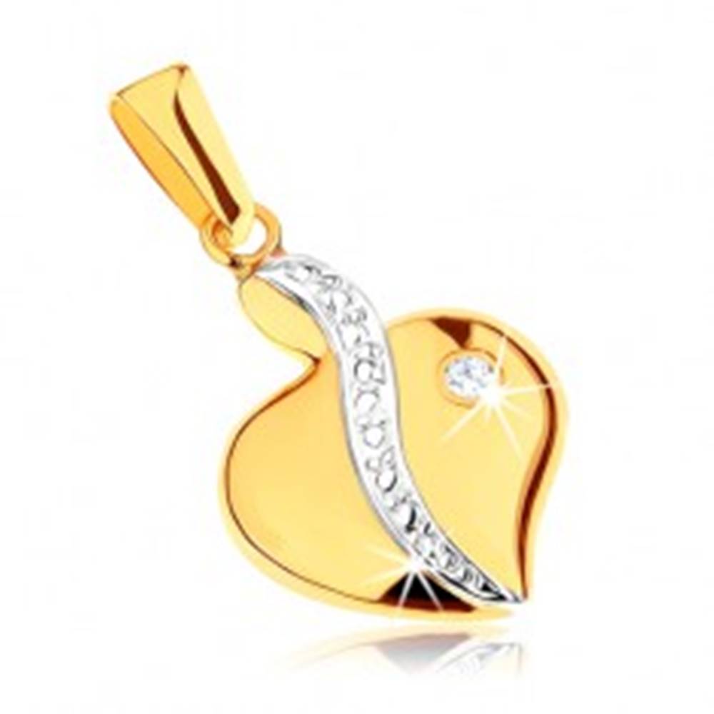 Šperky eshop Dvojfarebný prívesok z 9K zlata - asymetrické srdce, gravírovaná línia, číry zirkón