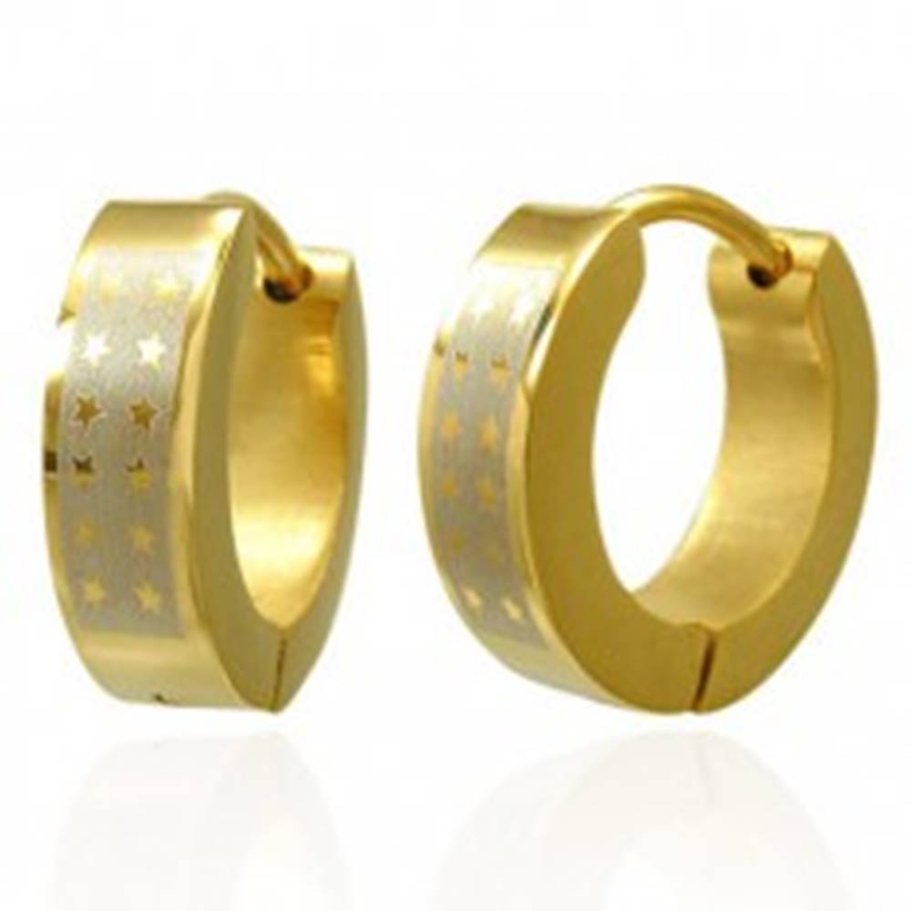 Šperky eshop Lesklé okrúhle oceľové náušnice - zlatý odtieň, pás striebornej farby s hviezdami