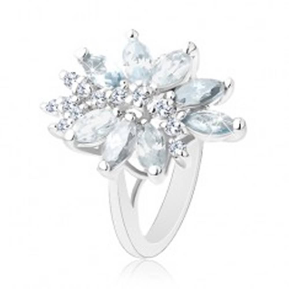 Šperky eshop Ligotavý prsteň striebornej farby, veľký nesúmerný kvet z farebných zirkónov - Veľkosť: 51 mm, Farba: Mix