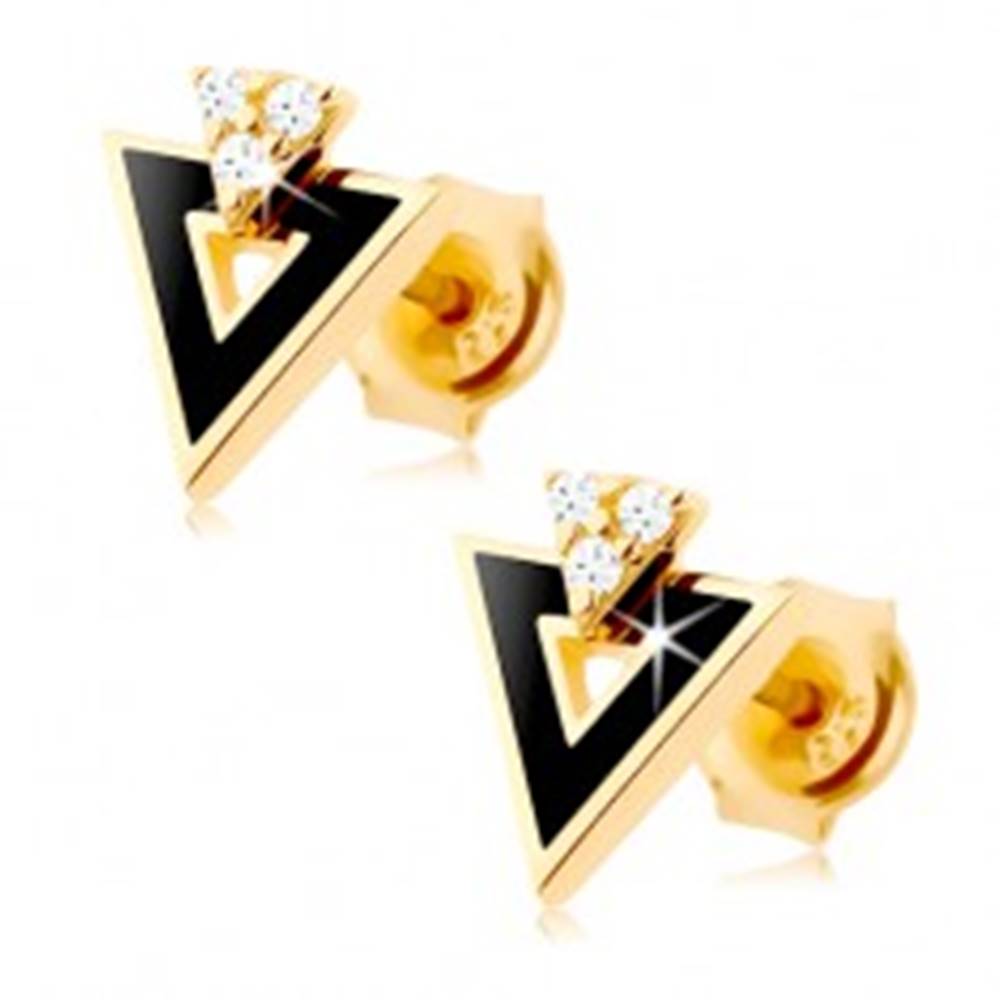 Šperky eshop Náušnice zo žltého 14K zlata - čierny trojuholník s výrezom, číre zirkóniky