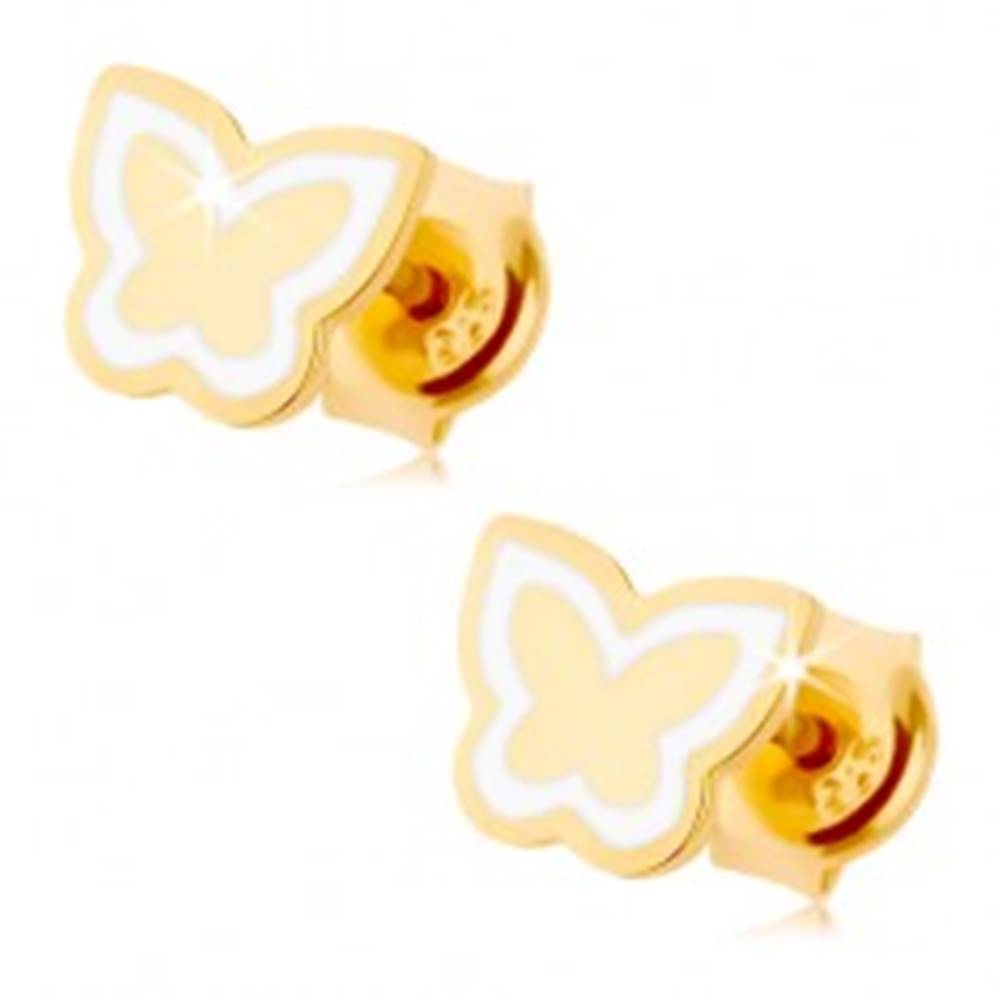 Šperky eshop Náušnice zo žltého 14K zlata - lesklý plochý motýlik, kontúra z bielej glazúry