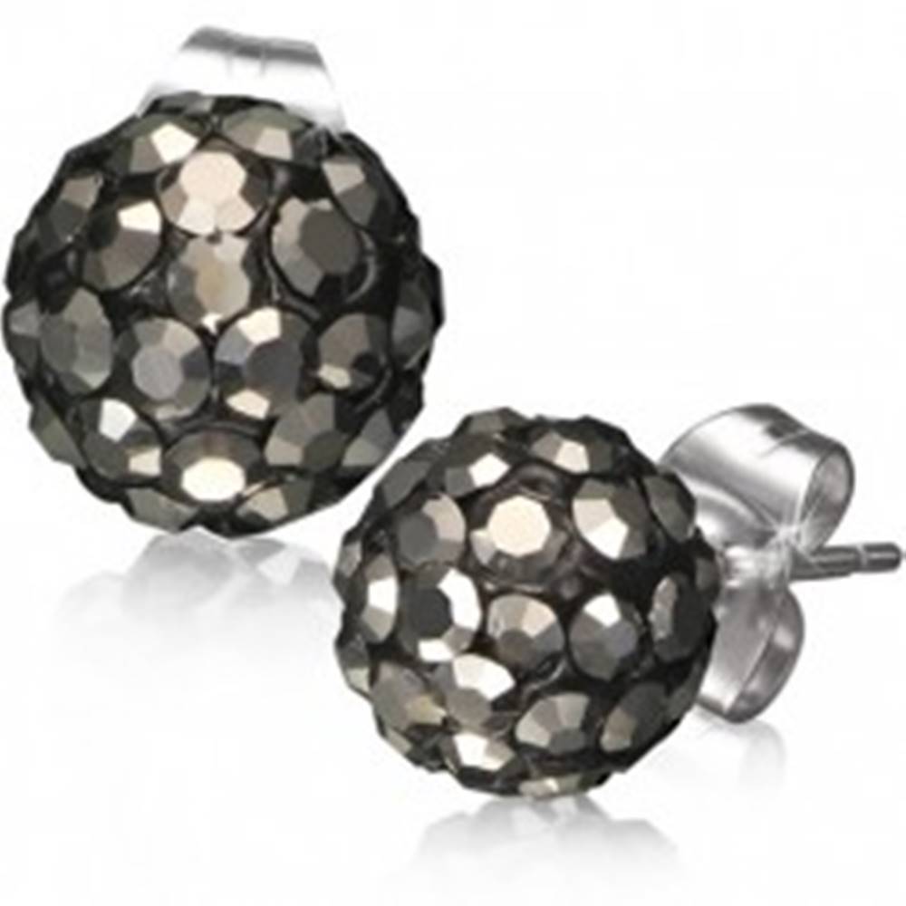 Šperky eshop Oceľové náušnice Shamballa - čierne guličky, sivé brúsené kamienky, 8 mm