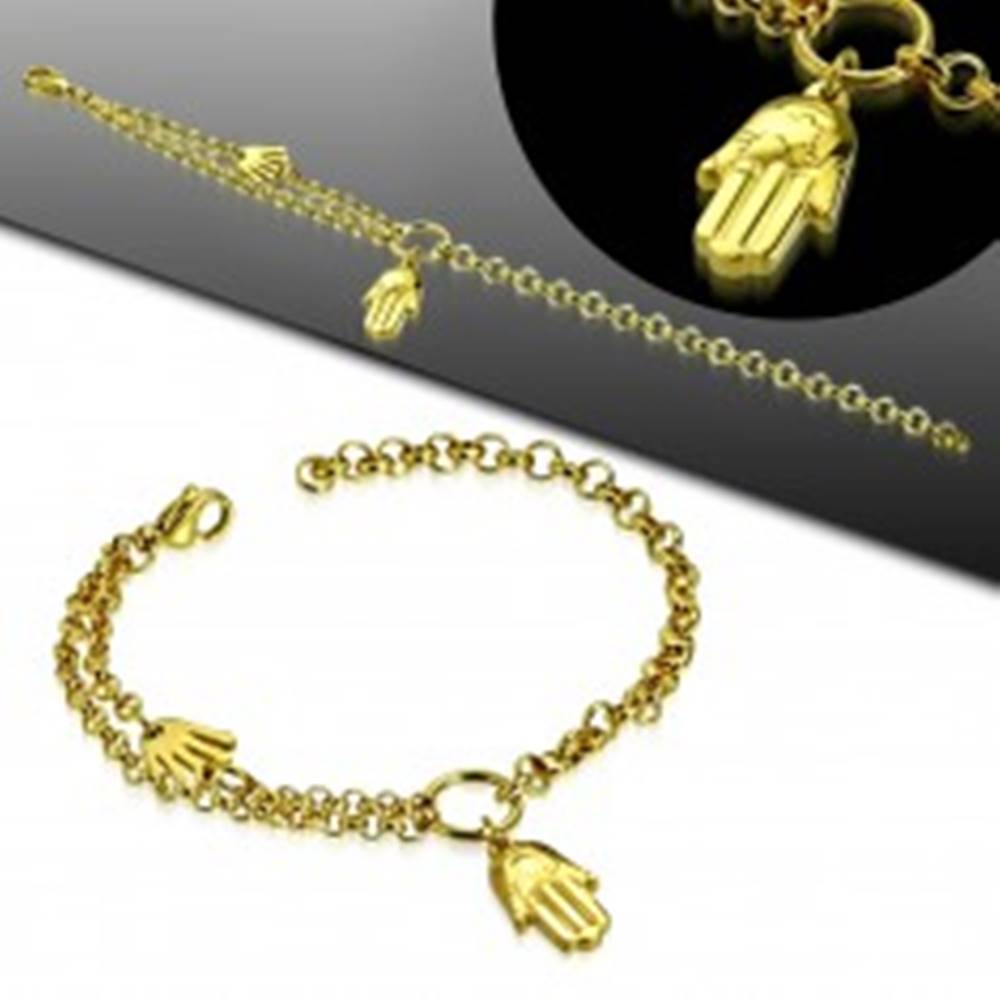 Šperky eshop Oceľový náramok zlatej farby, dve ruky Fatimy, kruh a dvojitá retiazka
