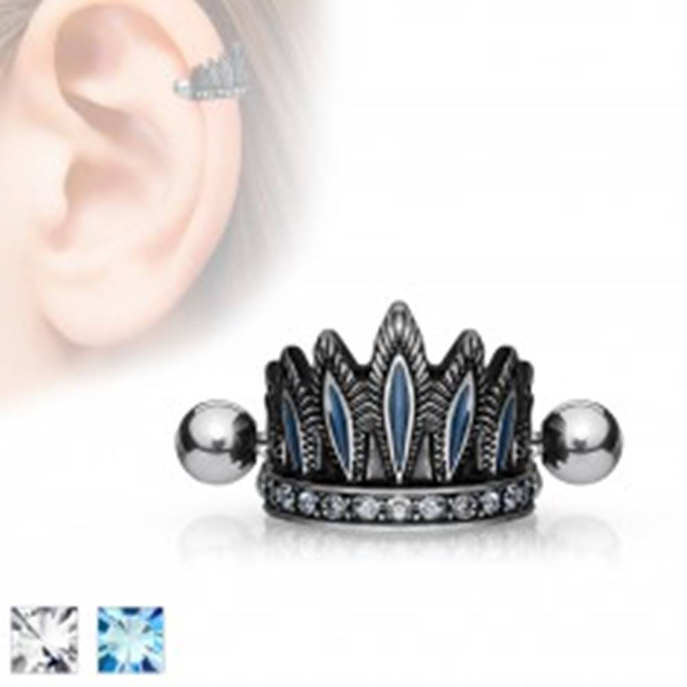 Šperky eshop Oceľový piercing do ucha, patinovaná čelenka, činka s guličkami - Farba zirkónu: Aqua modrá - Q