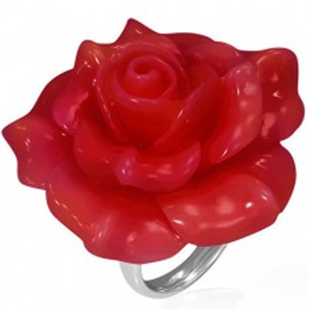 Šperky eshop Oceľový prsteň - červená rozkvitnutá ruža, živica - Veľkosť: 49 mm