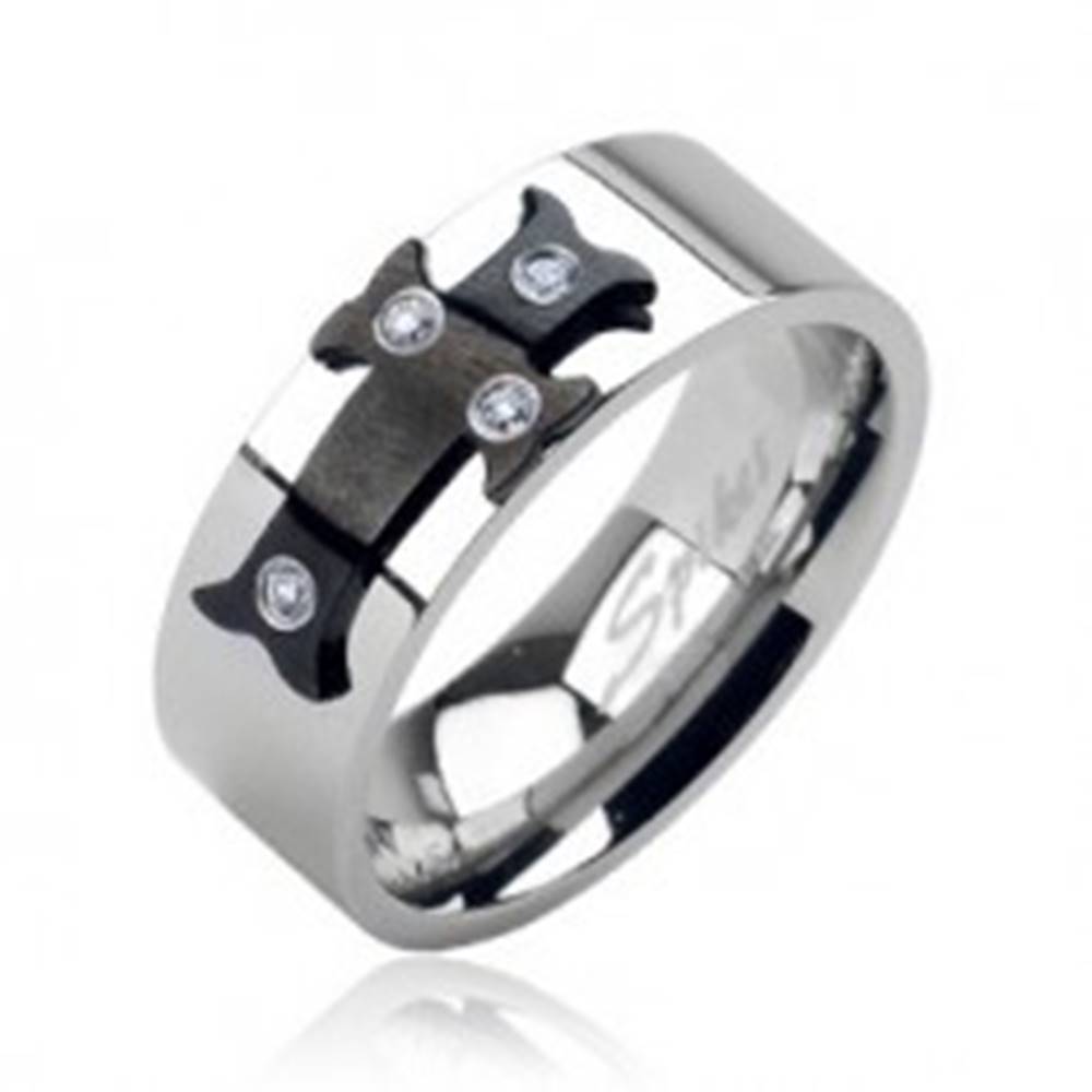Šperky eshop Oceľový prsteň čierny kríž, zirkóny - Veľkosť: 59 mm