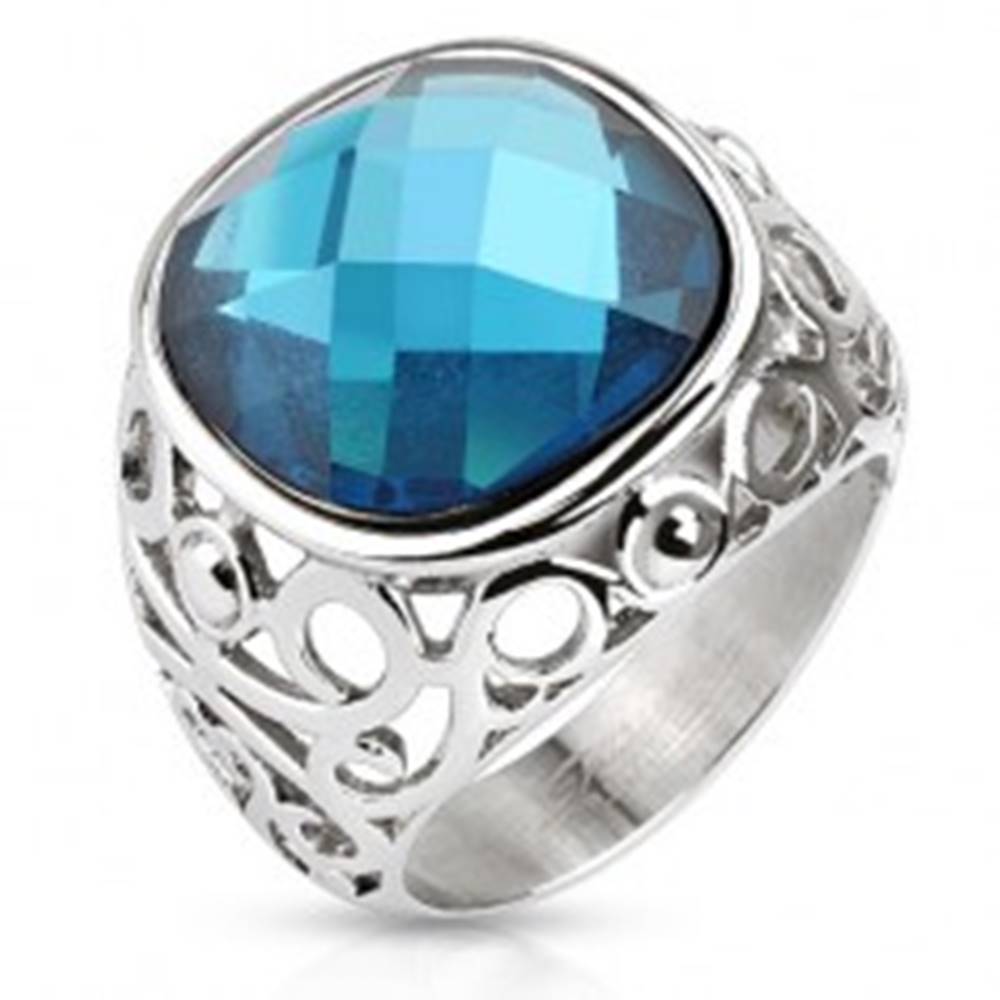 Šperky eshop Oceľový prsteň, ramená zdobené filigránom, modrý brúsený kameň - Veľkosť: 49 mm