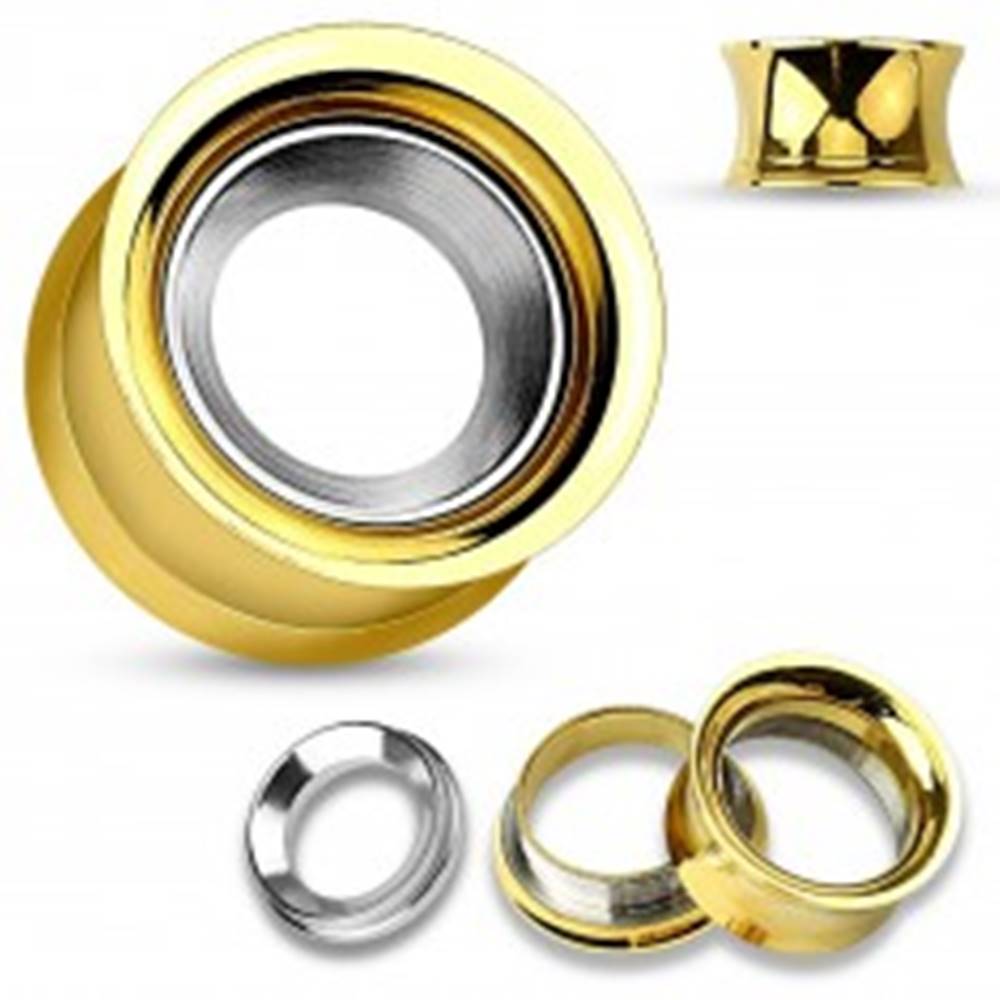 Šperky eshop Oceľový tunel do ucha zlatej farby s kruhom v striebornom odtieni, vysoký lesk - Hrúbka: 10 mm