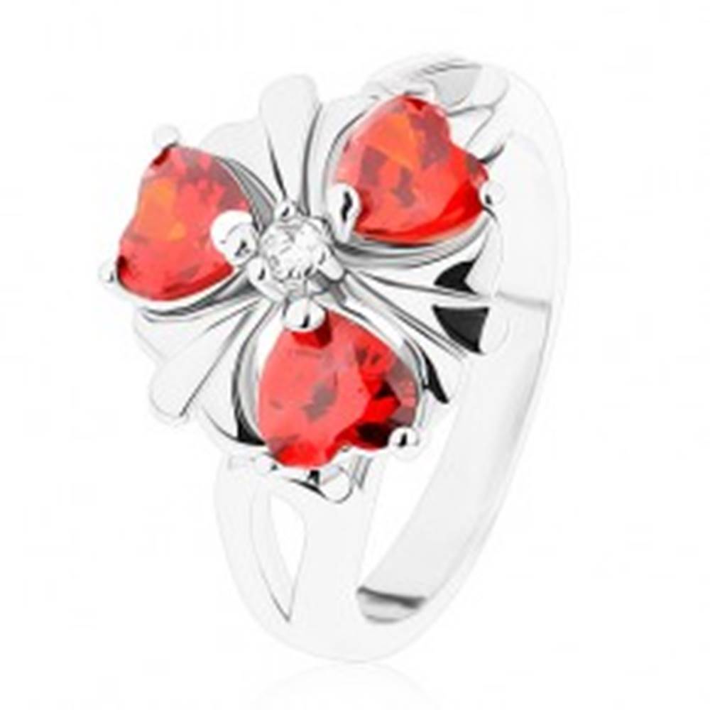 Šperky eshop Prsteň v striebornom odtieni, kvet s oranžovými zirkónovými srdiečkami - Veľkosť: 52 mm