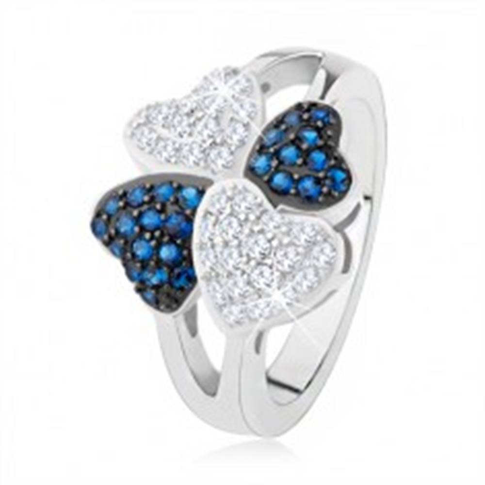 Šperky eshop Prsteň zo striebra 925, štyri srdiečka - drobné číre a modré kamienky - Veľkosť: 50 mm