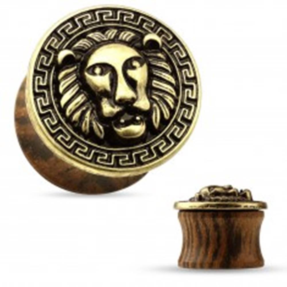 Šperky eshop Sedlový plug do ucha z dreva tmavohnedej farby, patinovaná levia hlava - Hrúbka: 12 mm