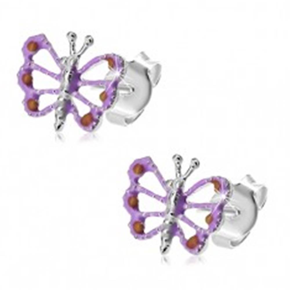 Šperky eshop Strieborné 925 náušnice, fialovo-oranžový motýlik s vyrezávanými krídlami