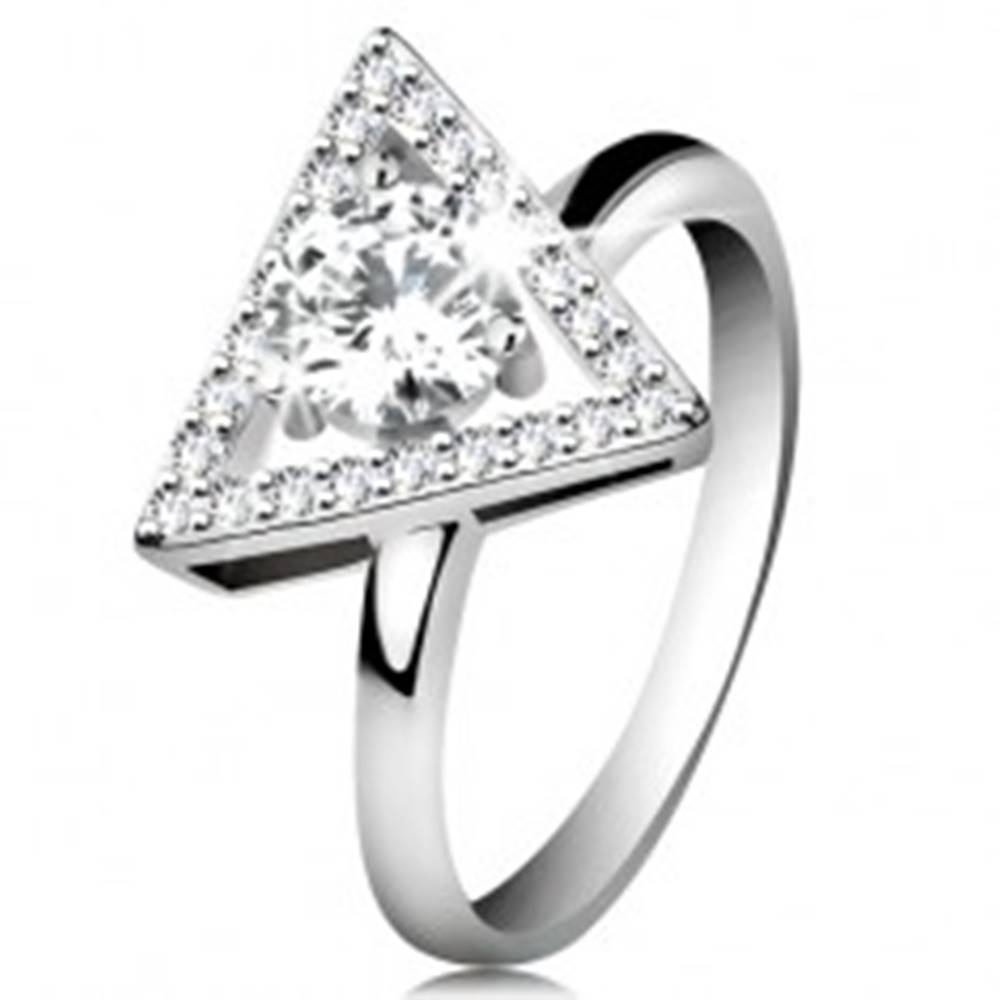 Šperky eshop Strieborný 925 prsteň - zirkónový obrys trojuholníka, okrúhly číry zirkón v strede - Veľkosť: 51 mm