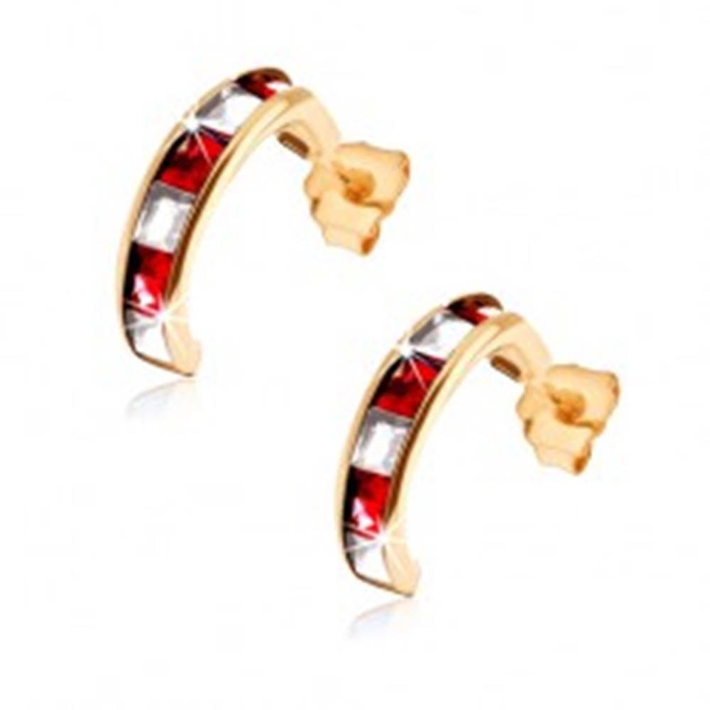 Šperky eshop Zlaté náušnice 375 - polkruhy so syntetickými červenými rubínmi a čírymi zirkónmi
