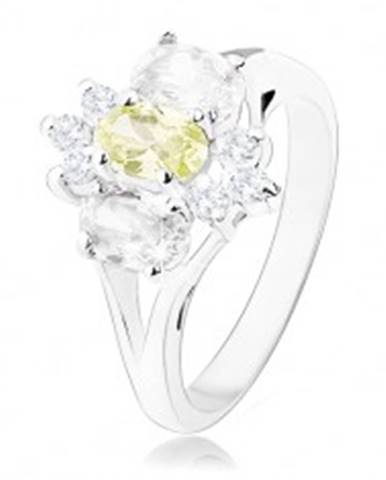 Ligotavý prsteň v striebornom odtieni, rozdelené ramená, žlto-číry kvet - Veľkosť: 55 mm