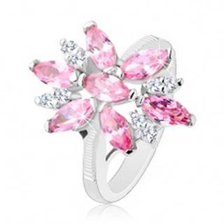 Prsteň v striebornom odtieni, veľký kvet s ružovými a čírymi lupeňmi - Veľkosť: 49 mm