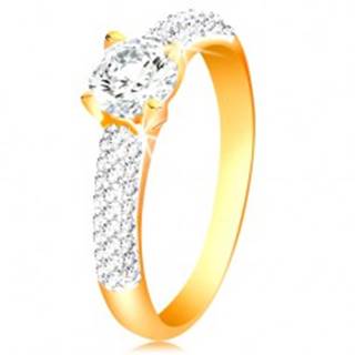 Zlatý 14K prsteň - trblietavé ramená, vyvýšený okrúhly zirkón čírej farby - Veľkosť: 50 mm