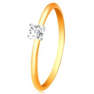 Zlatý 14K prsteň - úzke vypuklé ramená, zirkón v kotlíku z bieleho zlata - Veľkosť: 50 mm