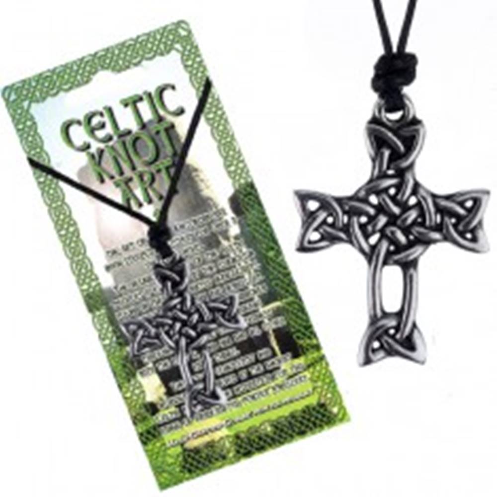 Šperky eshop Čierna šnúrka na krk a lesklý prívesok, kríž z keltského uzla
