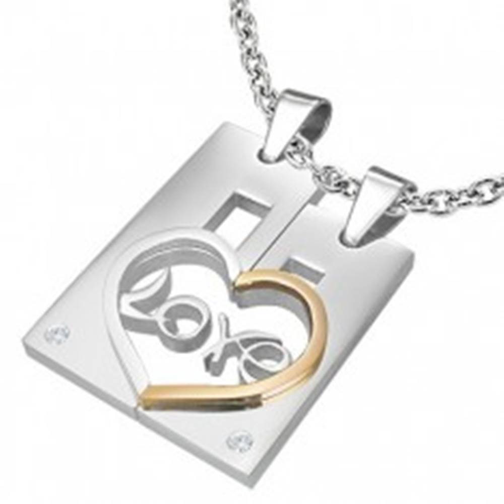 Šperky eshop Dvojprívesok z ocele pre zamilovaných LOVE - obdĺžnik a srdce