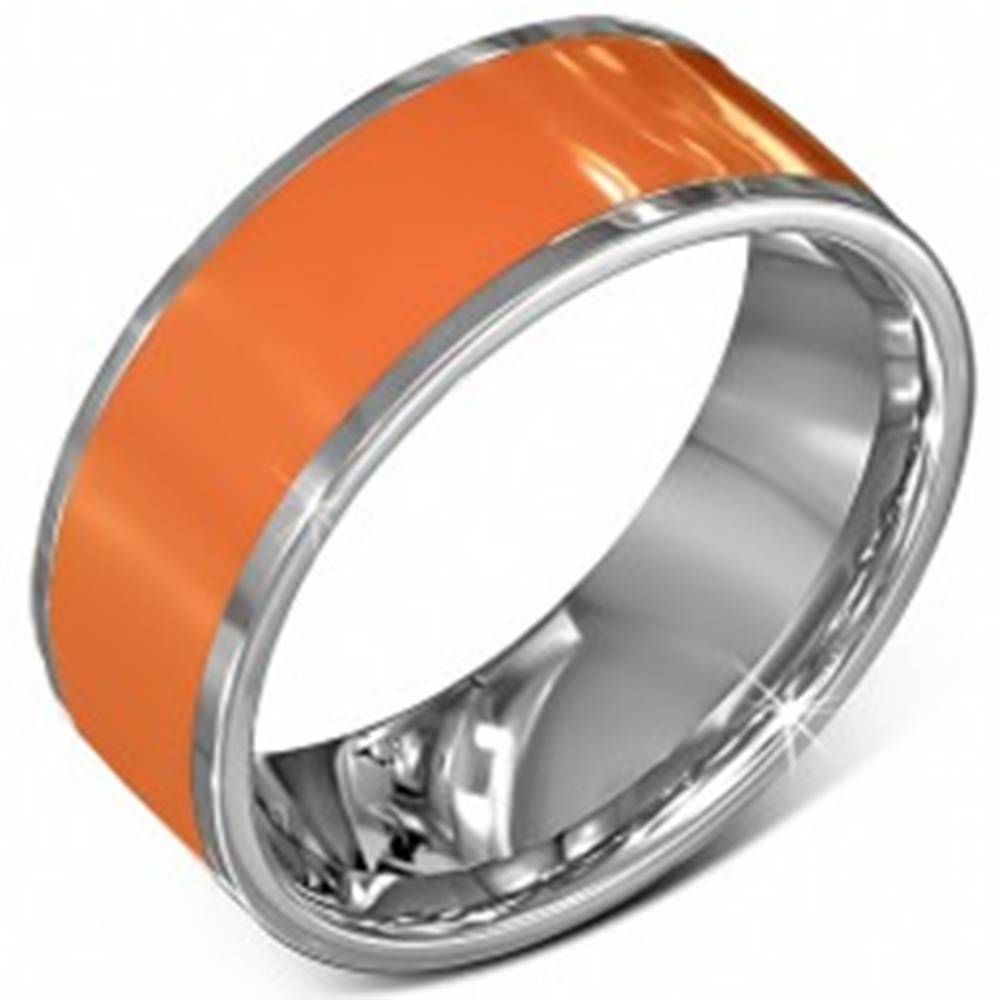 Šperky eshop Hladká oceľová obrúčka v oranžovej farbe s okrajom striebornej farby - Veľkosť: 56 mm
