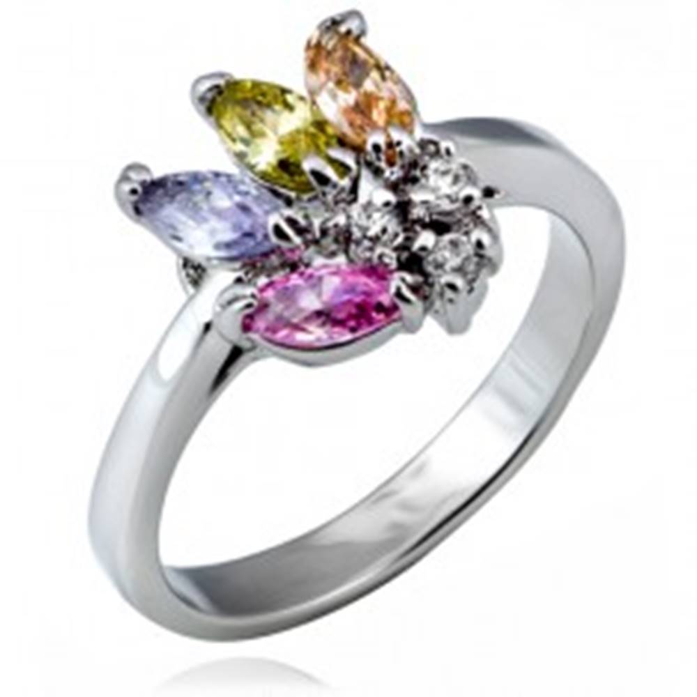 Šperky eshop Lesklý prsteň z kovu - vejár farebných zrnkových zirkónov - Veľkosť: 49 mm