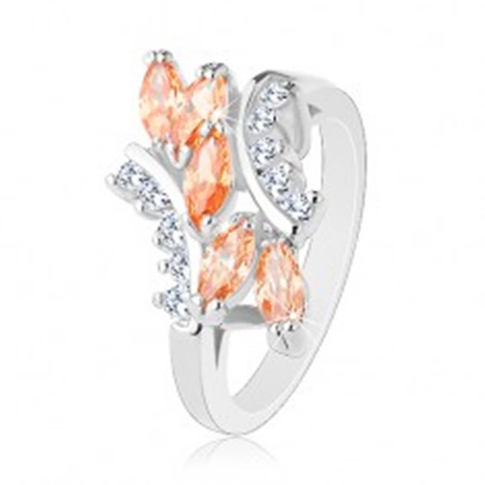 Šperky eshop Ligotavý prsteň v striebornom odtieni, oranžové zrnká, číre zirkóniky - Veľkosť: 57 mm