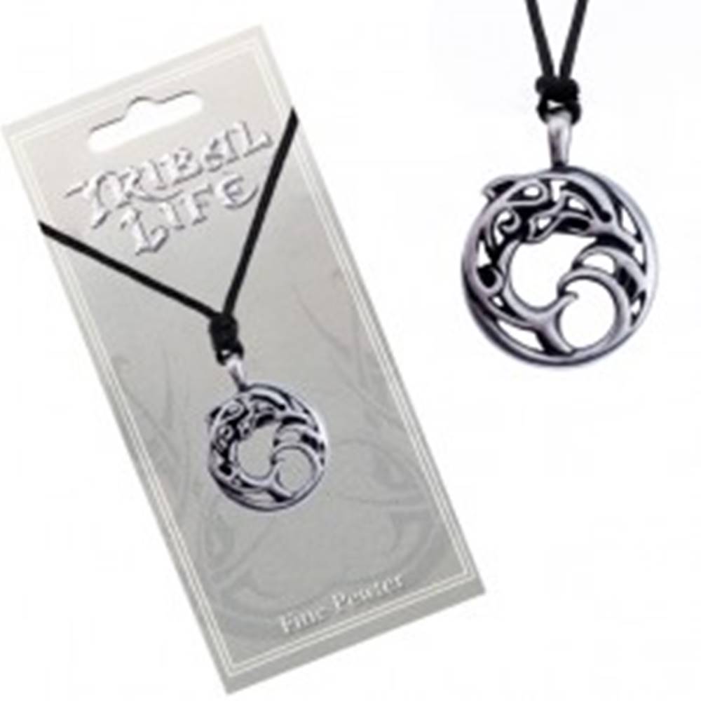 Šperky eshop Náhrdelník - kovový kruh s ornamentmi, delfín vo vlnách, šnúrka