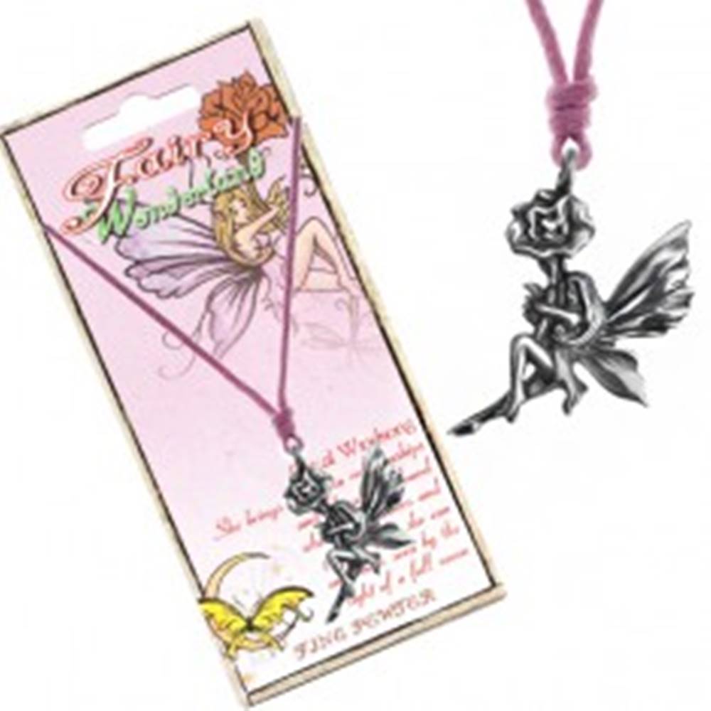 Šperky eshop Náhrdelník - ružová šnúrka, kovový prívesok víly na kvete