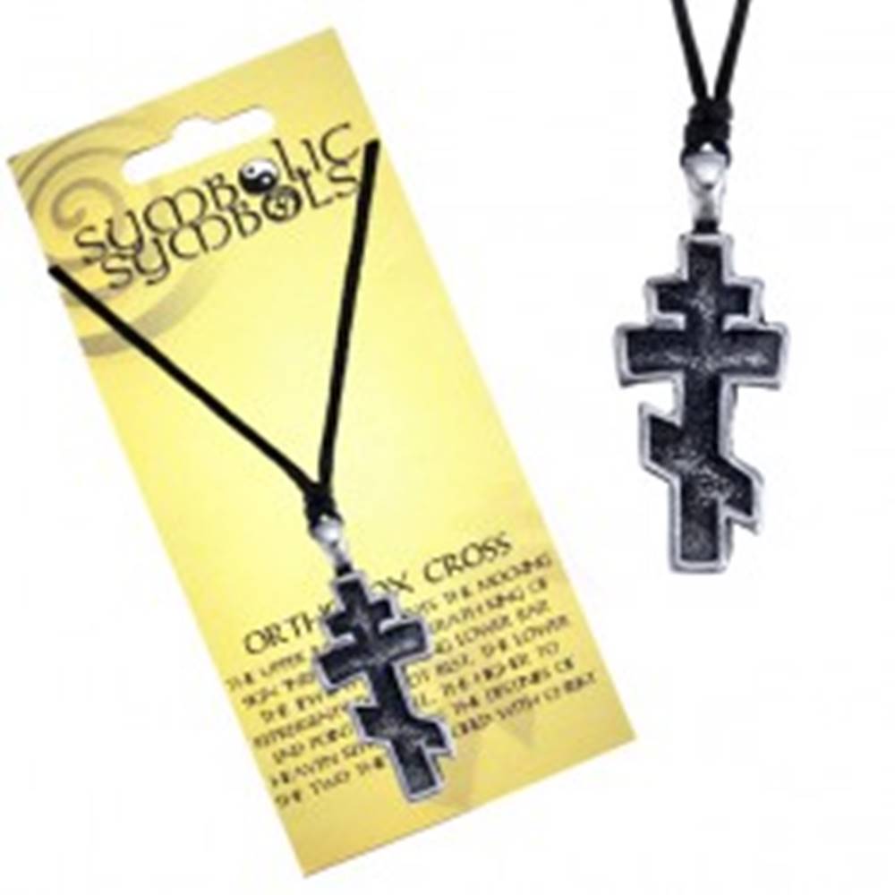 Šperky eshop Náhrdelník - šnúrka a kovový prívesok, ortodoxný kríž, patina