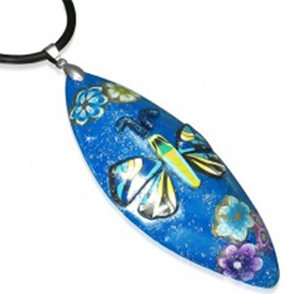 Šperky eshop Náhrdelník z FIMO hmoty - modrý ovál, motýľ
