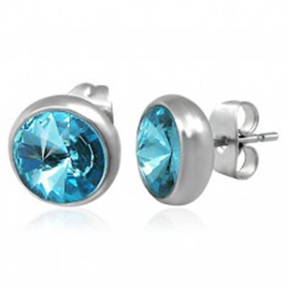 Šperky eshop Náušnice z ocele, strieborná farba, puzetka, modrý brúsený zirkón, 8 mm