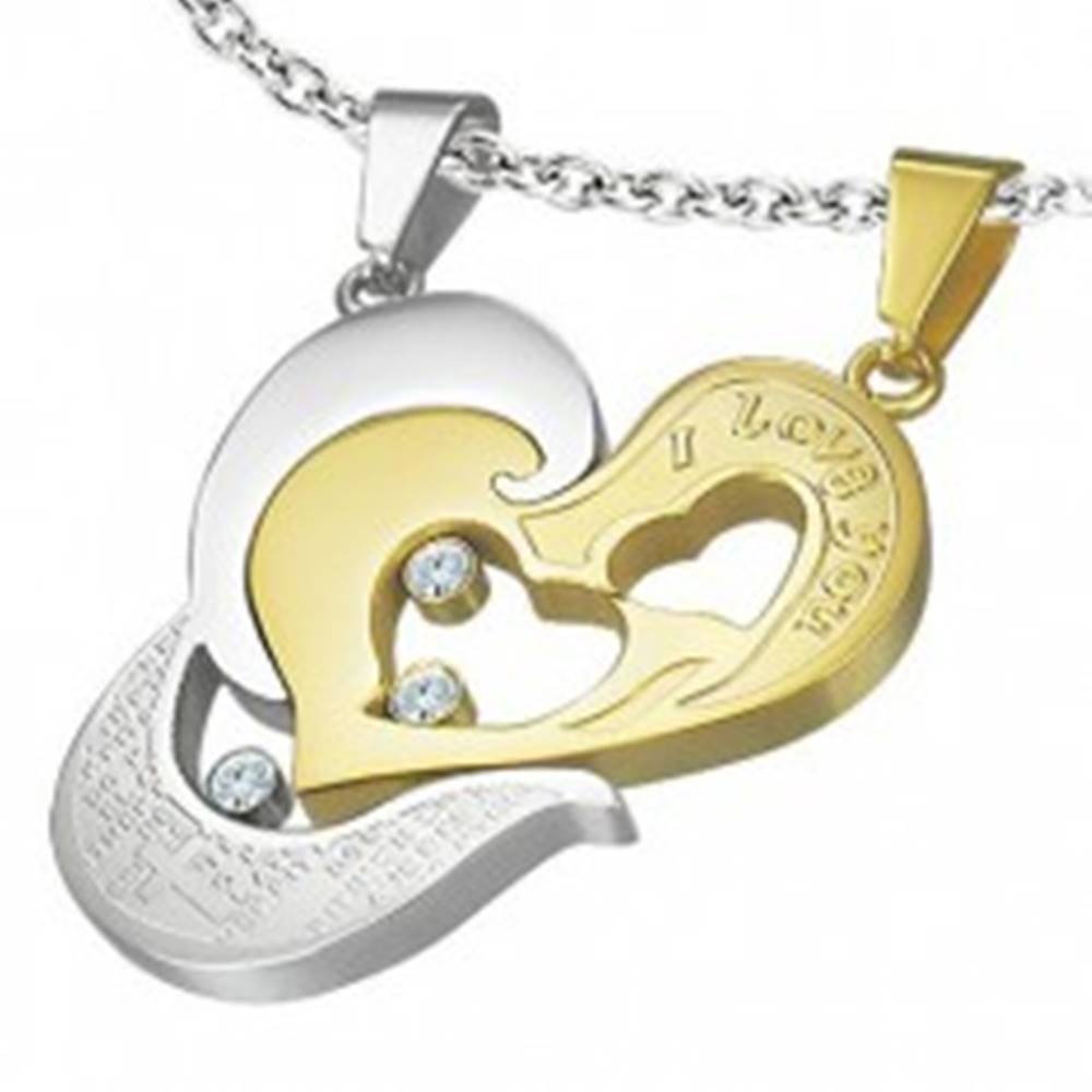 Šperky eshop Oceľový prívesok dvojdielny - srdce zlatej a striebornej farby, I love you, krížik