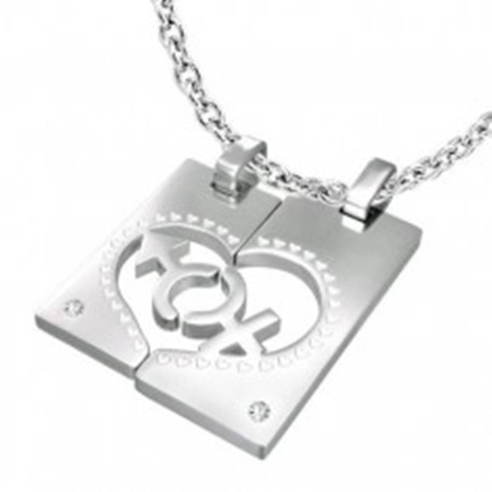 Šperky eshop Oceľový prívesok pre dvojicu - obdĺžnik, srdce, znak MUŽA a ŽENY, zirkóny