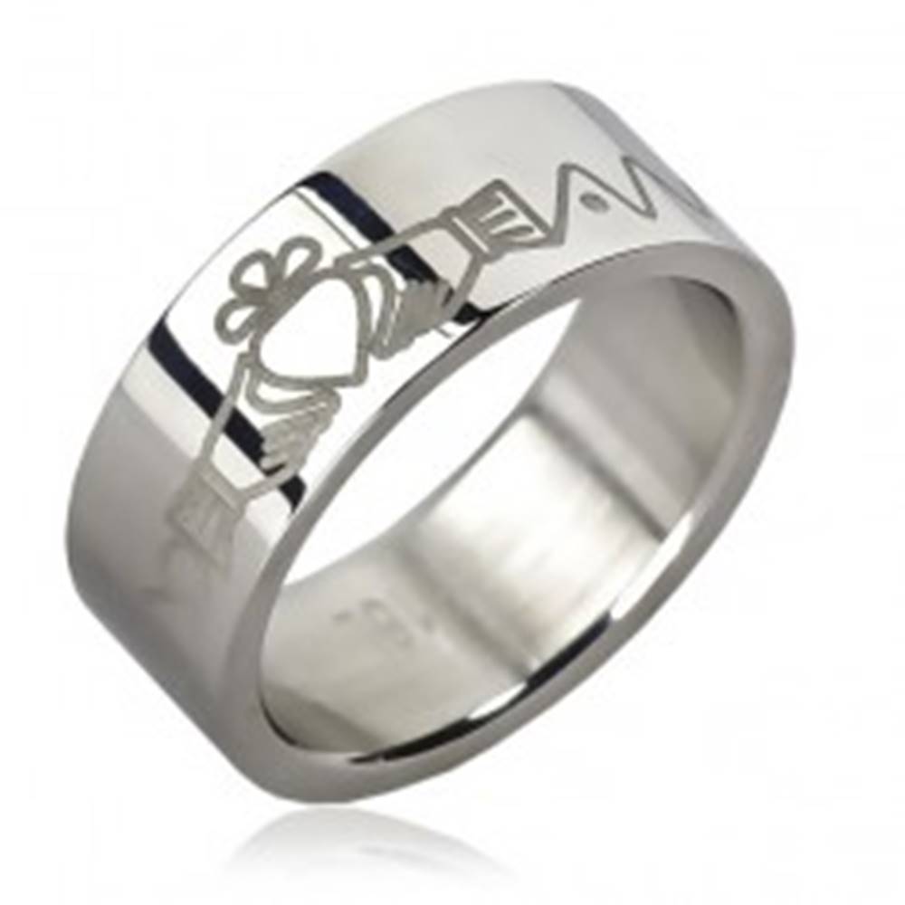 Šperky eshop Oceľový prsteň - srdce v rukách, zúbky, retiazka - Veľkosť: 51 mm