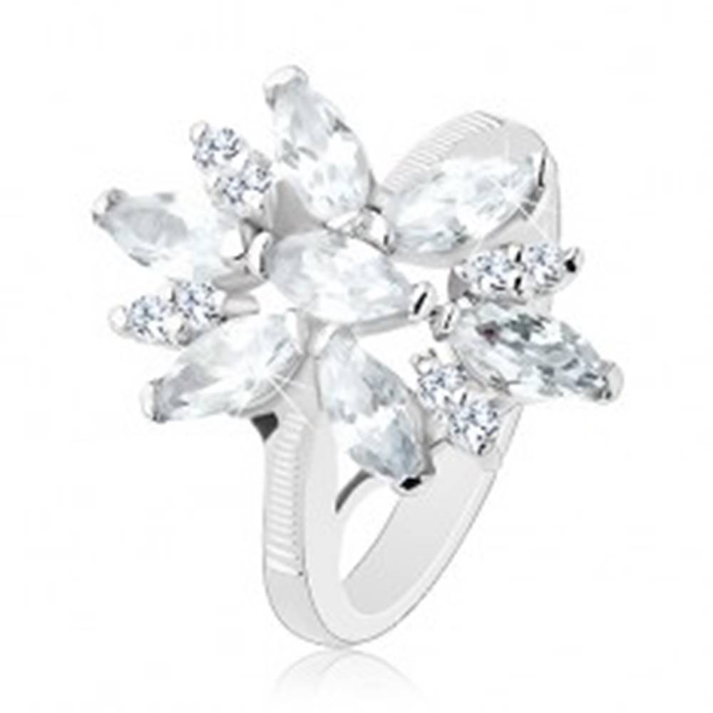 Šperky eshop Prsteň s lesklými ramenami, veľký ligotavý kvet s čírymi lupeňmi - Veľkosť: 49 mm
