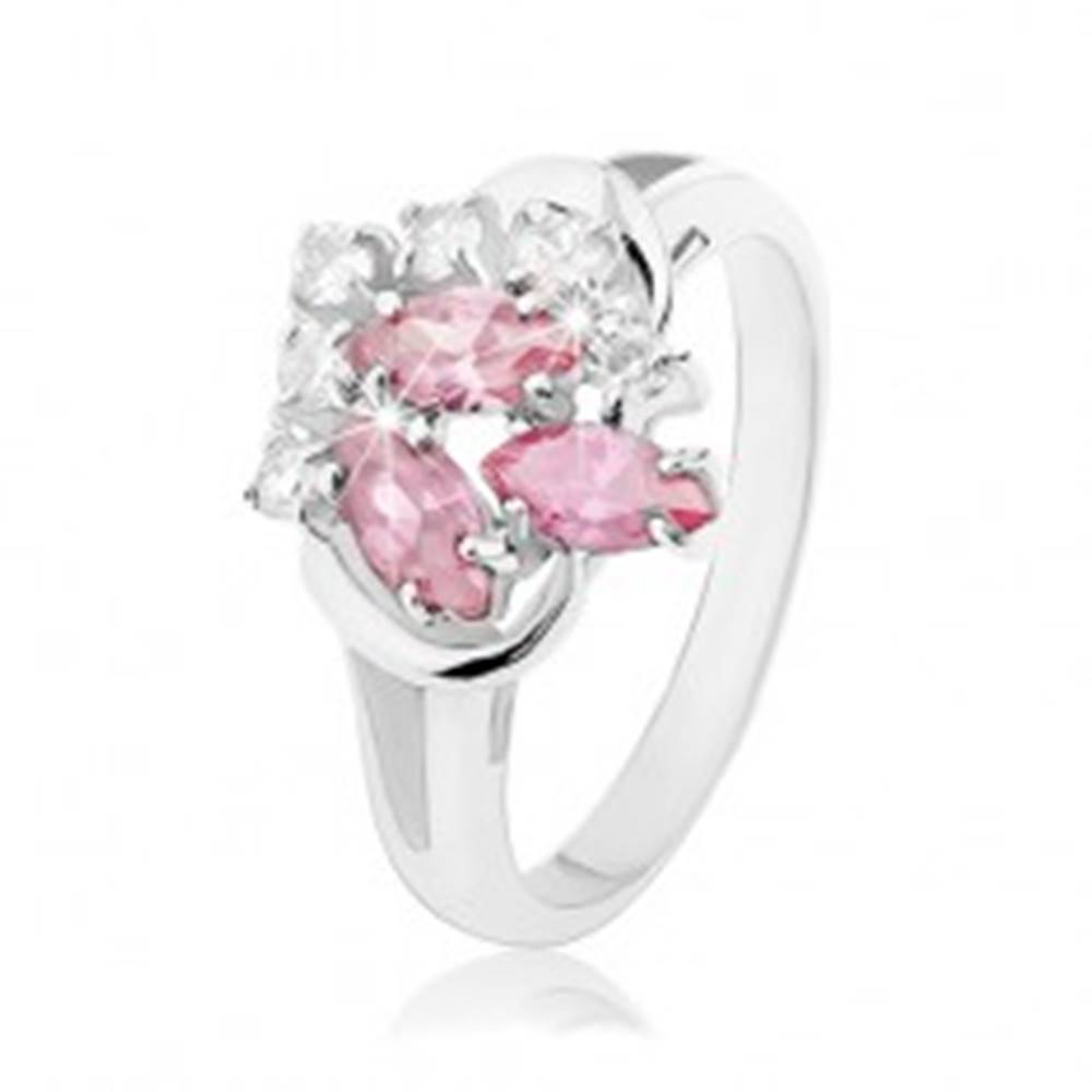 Šperky eshop Prsteň s rozdvojenými ramenami, číre zirkóniky, zrnká ružovej farby - Veľkosť: 48 mm