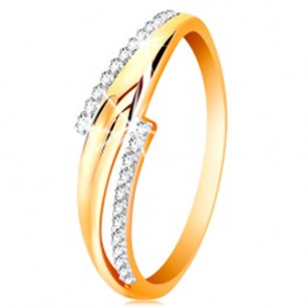 Šperky eshop Prsteň zo 14K zlata, zvlnené dvojfarebné ramená, číre zirkónové línie - Veľkosť: 50 mm