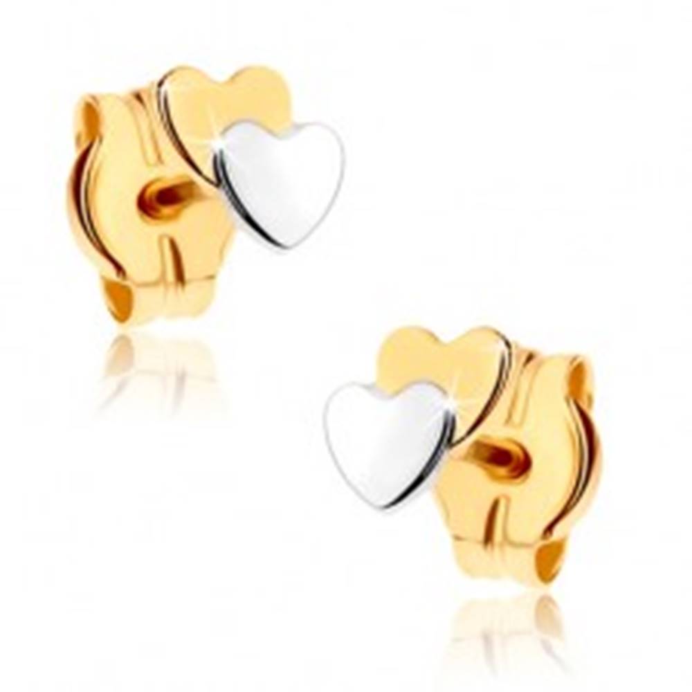 Šperky eshop Puzetové náušnice z 9K zlata - dve malé srdiečka, dvojfarebné