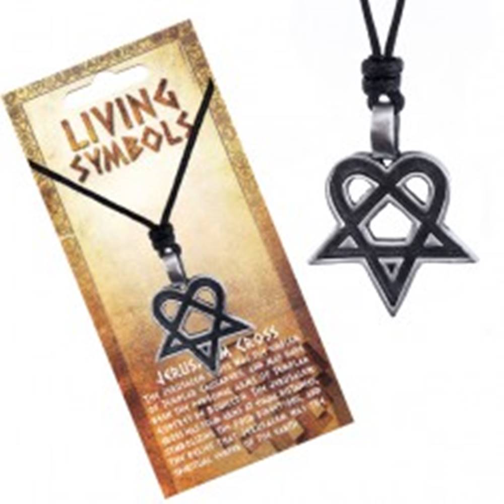 Šperky eshop Šnúrkový náhrdelník - čierny s kovovým srdcovým pentagramom
