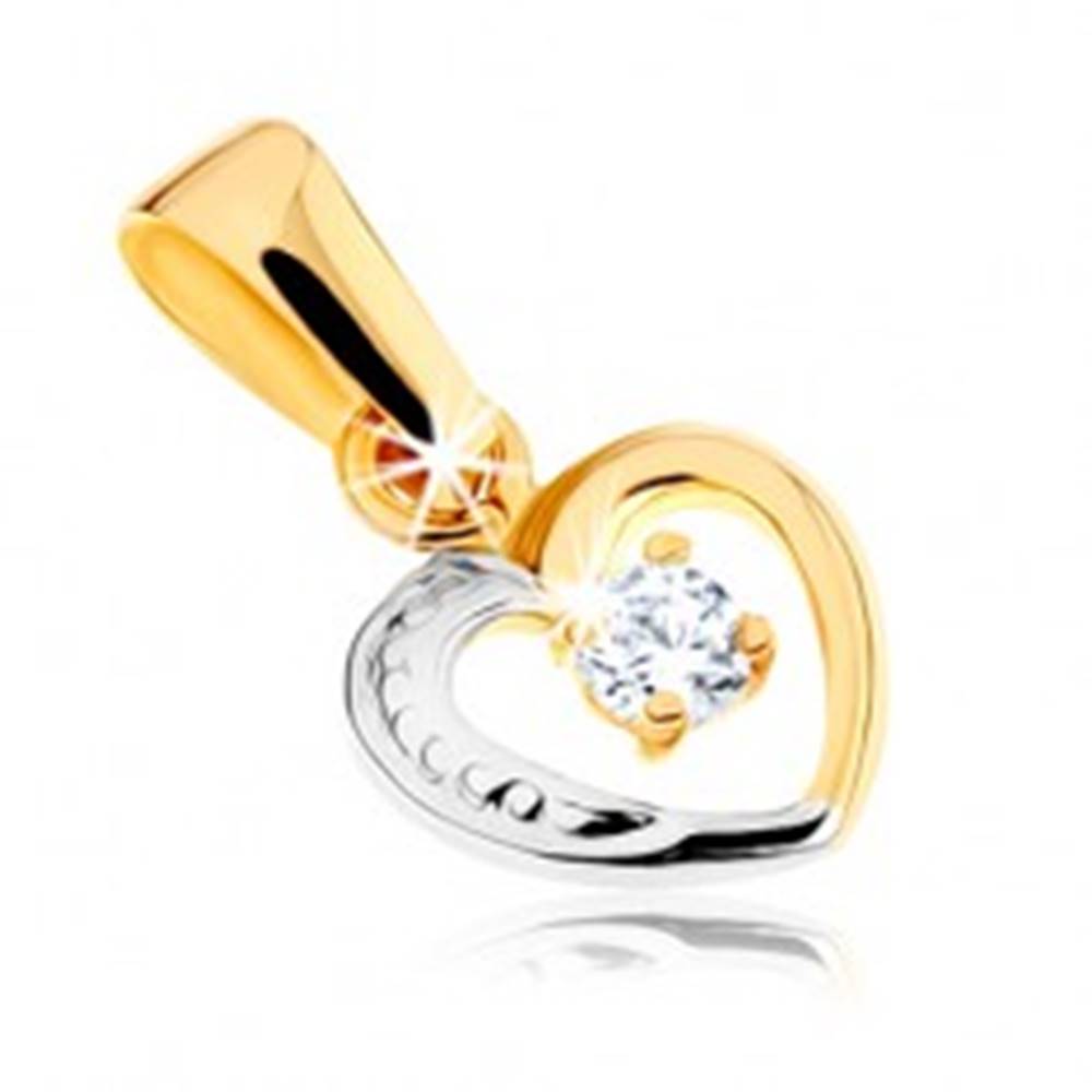 Šperky eshop Zlatý dvojfarebný prívesok 375 - línia malého srdiečka, kamienok čírej farby
