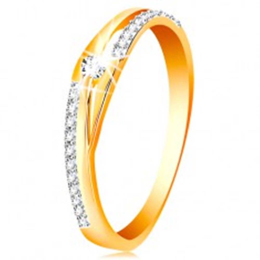 Šperky eshop Zlatý prsteň 585 - rozdelené línie ramien, trblietavé pásy a číry zirkón - Veľkosť: 51 mm