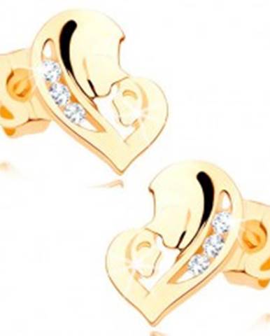 Diamantové náušnice v žltom 14K zlate - srdce z dvoch tvárí, číre brilianty