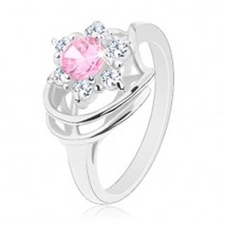 Prsteň v striebornej farbe, ružovo-číry zirkónový kvet, lesklé oblúky - Veľkosť: 49 mm