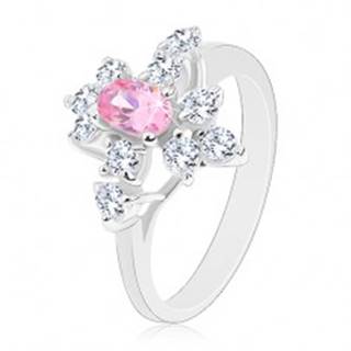 Trblietavý prsteň v striebornej farbe, ružový ovál, číre zirkóniky - Veľkosť: 49 mm