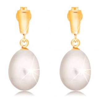Zlaté 14K náušnice - visiaca oválna perla bielej farby, lesklý pásik