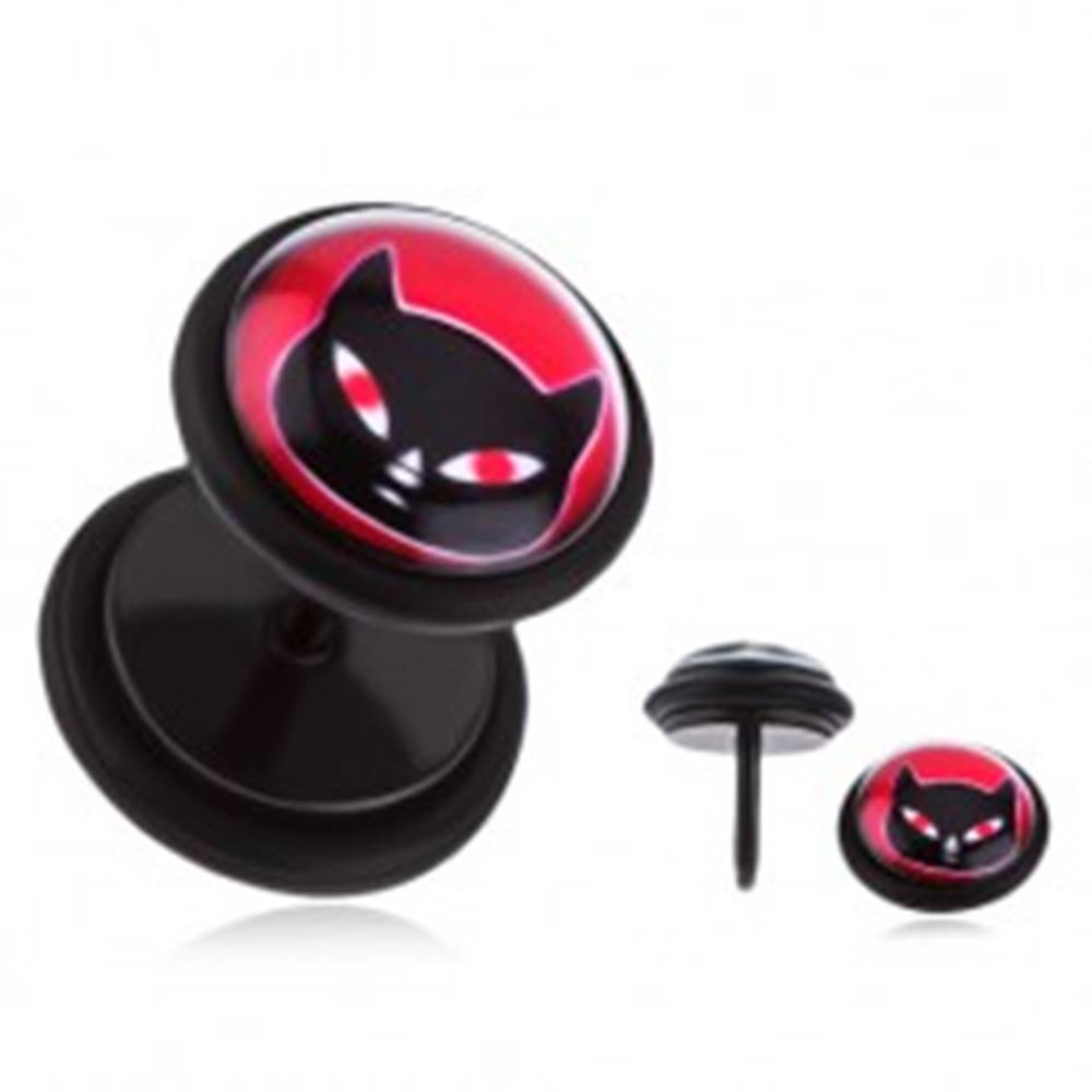 Šperky eshop Čierny fake plug do ucha s PVD úpravou - oceľový, mačka s červenými očami