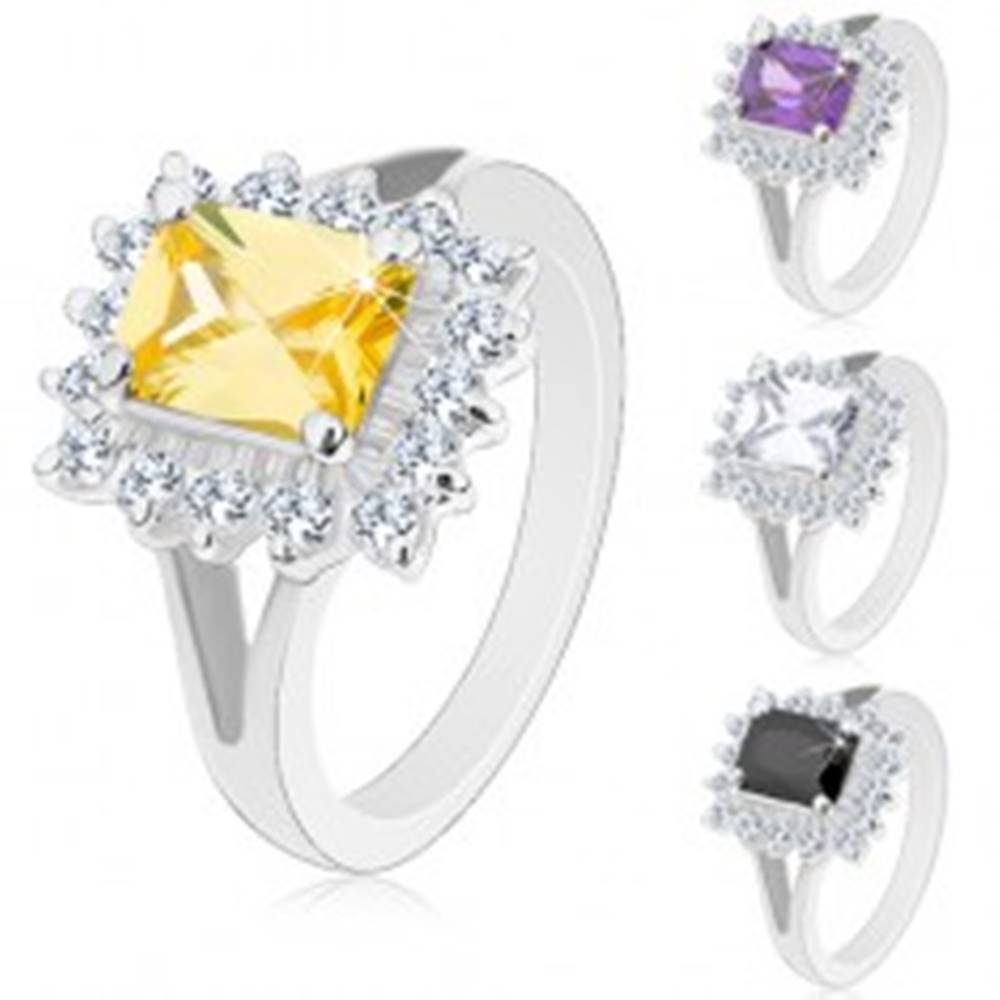 Šperky eshop Lesklý prsteň so strieborným odtieňom, veľký hranol, brúsené zirkóny - Veľkosť: 49 mm, Farba: Číra