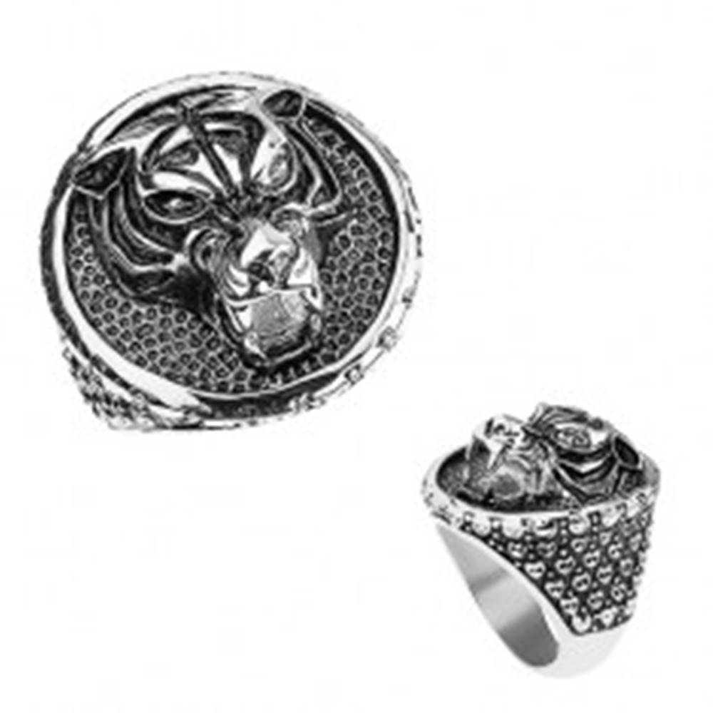 Šperky eshop Mohutný prsteň z ocele 316L, tiger s vycerenými zubami, patinovaný - Veľkosť: 57 mm