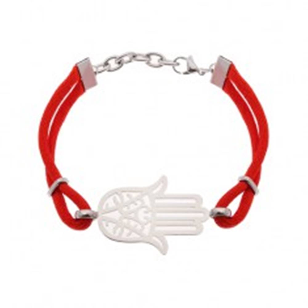 Šperky eshop Náramok z chirurgickej ocele a červených šnúrok, vyrezávaný symbol Hamsa